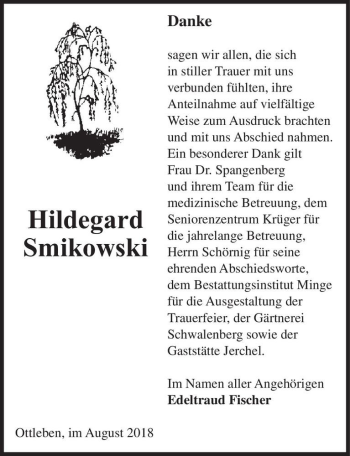 Traueranzeige von Hildegard Smikowski  von Magdeburger Volksstimme