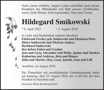 Traueranzeige von Hildegard Smikowski  von Magdeburger Volksstimme