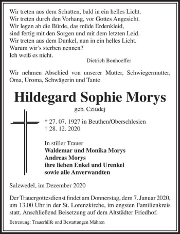 Traueranzeige von Hildegard Sophie Morys (geb. Cziudej)  von Magdeburger Volksstimme