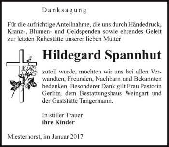 Traueranzeige von Hildegard Spannhut  von Magdeburger Volksstimme