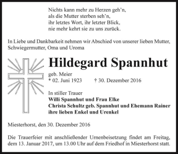 Traueranzeige von Hildegard Spannhut (geb. Meier)  von Magdeburger Volksstimme