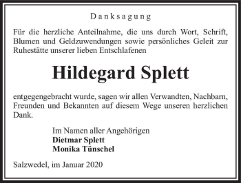 Traueranzeige von Hildegard Splett  von Magdeburger Volksstimme