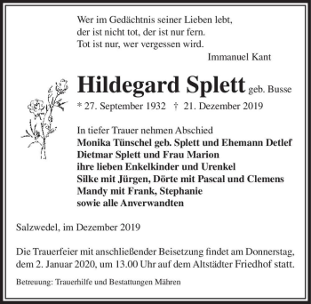 Traueranzeige von Hildegard Splett (geb. Busse)  von Magdeburger Volksstimme