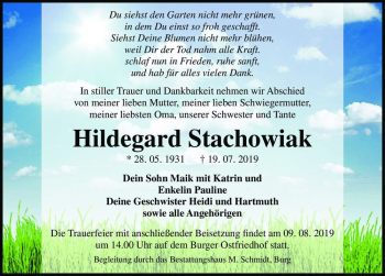 Traueranzeige von Hildegard Stachowiak  von Magdeburger Volksstimme