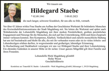 Traueranzeige von Hildegard Staebe  von Magdeburger Volksstimme
