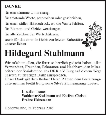 Traueranzeige von Hildegard Stahlmann  von Magdeburger Volksstimme