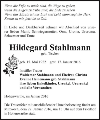Traueranzeige von Hildegard Stahlmann (geb. Tischer)  von Magdeburger Volksstimme