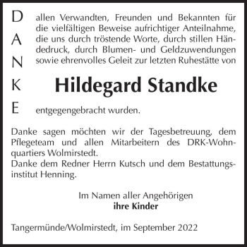 Traueranzeige von Hildegard Standke  von Magdeburger Volksstimme