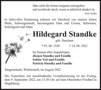 Traueranzeige von Hildegard Standke (geb. Deschner)  von Magdeburger Volksstimme