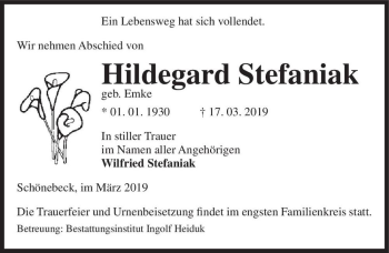 Traueranzeige von Hildegard Stefaniak (geb. Emke)  von Magdeburger Volksstimme