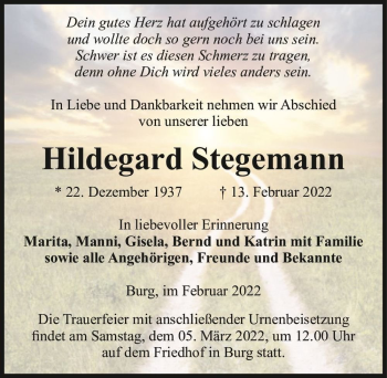 Traueranzeige von Hildegard Stegemann  von Magdeburger Volksstimme