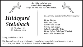 Traueranzeige von Hildegard Steinbach  von Magdeburger Volksstimme