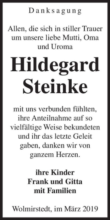 Traueranzeige von Hildegard Steinke  von Magdeburger Volksstimme