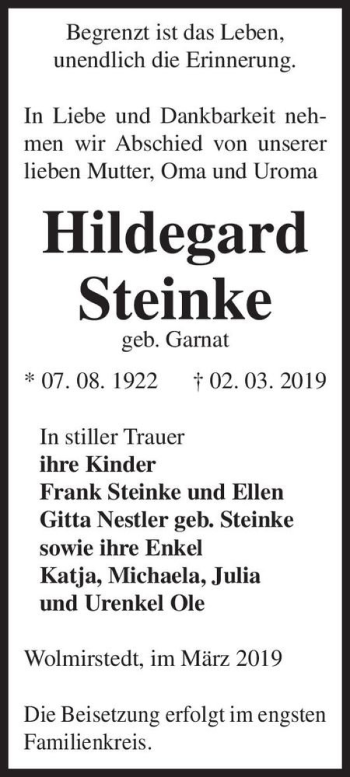 Traueranzeige von Hildegard Steinke (geb. Garnat)  von Magdeburger Volksstimme