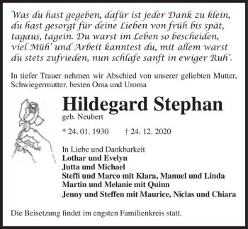 Traueranzeige von Hildegard Stephan (geb. Neubert)  von Magdeburger Volksstimme