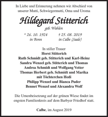 Traueranzeige von Hildegard Stitterich (geb. Wahlen)  von Magdeburger Volksstimme