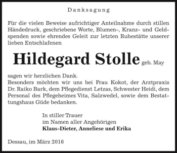 Traueranzeige von Hildegard Stolle (geb. May)  von Magdeburger Volksstimme