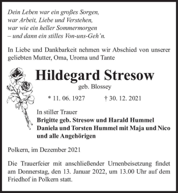 Traueranzeige von Hildegard Stresow (geb. Blossey)  von Magdeburger Volksstimme