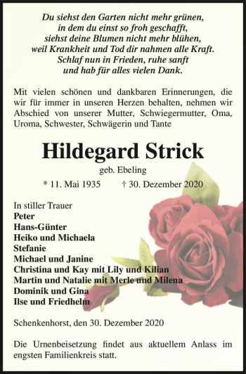Traueranzeige von Hildegard Strick (geb. Ebeling)  von Magdeburger Volksstimme