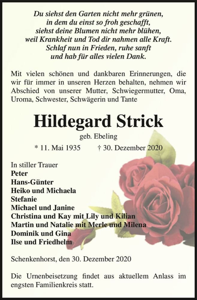  Traueranzeige für Hildegard Strick (geb. Ebeling)  vom 05.01.2021 aus Magdeburger Volksstimme
