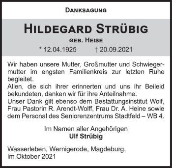 Traueranzeige von Hildegard Strübig (geb. Heise)  von Magdeburger Volksstimme