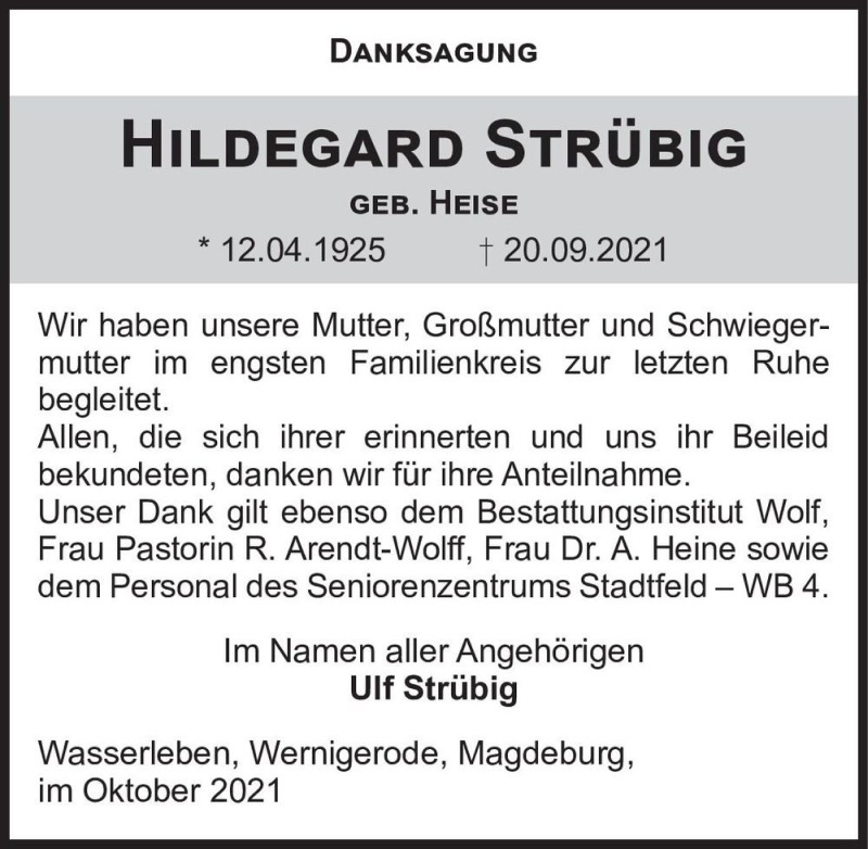  Traueranzeige für Hildegard Strübig (geb. Heise)  vom 06.11.2021 aus Magdeburger Volksstimme