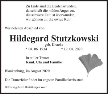 Traueranzeige von Hildegard Stutzkowski (geb. Knacke)  von Magdeburger Volksstimme