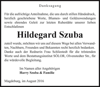 Traueranzeige von Hildegard Szuba  von Magdeburger Volksstimme