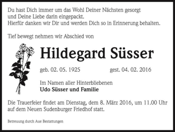 Traueranzeige von Hildegard Süsser  von Magdeburger Volksstimme