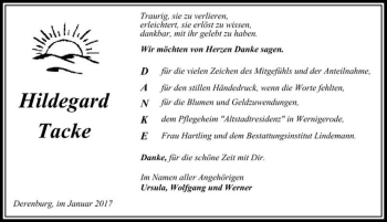 Traueranzeige von Hildegard Tacke  von Magdeburger Volksstimme