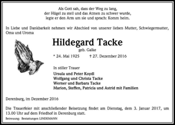 Traueranzeige von Hildegard Tacke (geb. Galke)  von Magdeburger Volksstimme