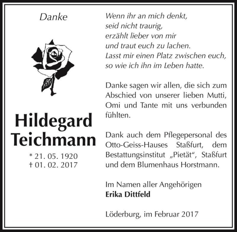  Traueranzeige für Hildegard Teichmann  vom 25.02.2017 aus Magdeburger Volksstimme