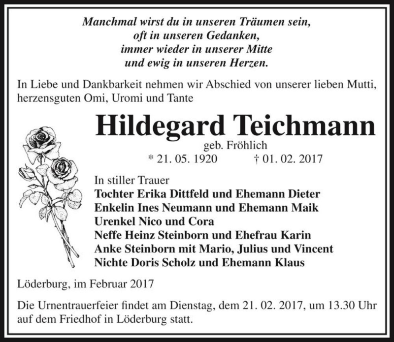  Traueranzeige für Hildegard Teichmann (geb. Fröhlich)  vom 11.02.2017 aus Magdeburger Volksstimme