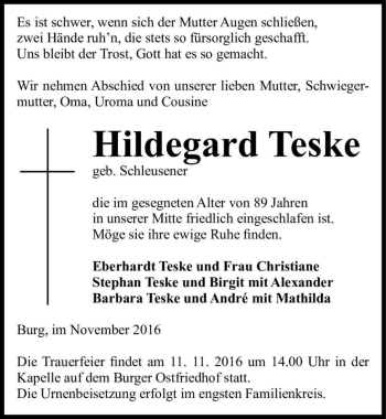 Traueranzeige von Hildegard Teske (geb. Schleusener)  von Magdeburger Volksstimme