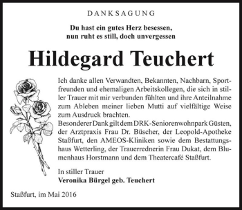 Traueranzeige von Hildegard Teuchert  von Magdeburger Volksstimme
