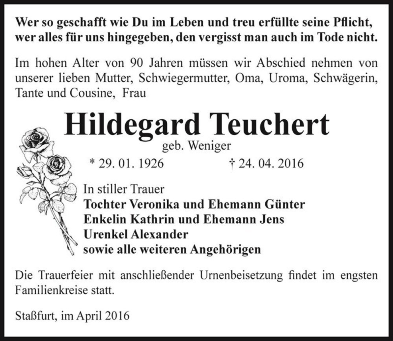  Traueranzeige für Hildegard Teuchert (geb. Weniger)  vom 30.04.2016 aus Magdeburger Volksstimme