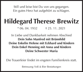 Traueranzeige von Hildegard Therese Brewitz  von Magdeburger Volksstimme