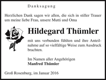 Traueranzeige von Hildegard Thümler  von Magdeburger Volksstimme
