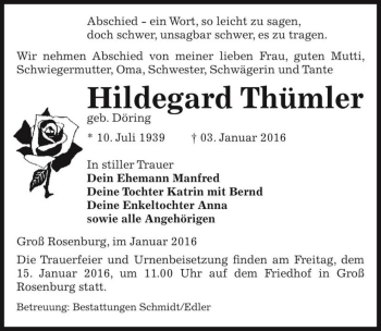 Traueranzeige von Hildegard Thümler (geb. Döring)  von Magdeburger Volksstimme