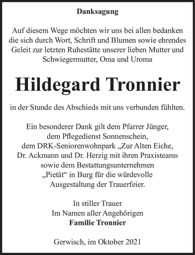  Traueranzeige für Hildegard Tronnier  vom 23.10.2021 aus Magdeburger Volksstimme