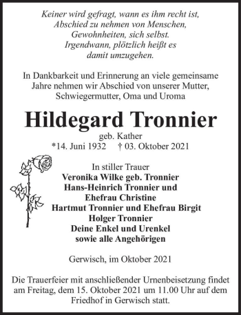 Traueranzeige von Hildegard Tronnier (geb. Tronnier)  von Magdeburger Volksstimme
