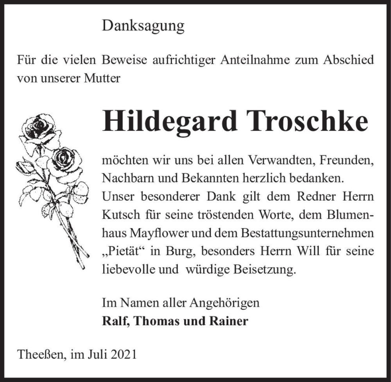  Traueranzeige für Hildegard Troschke  vom 10.07.2021 aus Magdeburger Volksstimme