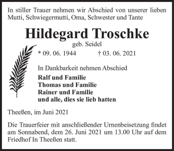 Traueranzeige von Hildegard Troschke (geb. Seidel)  von Magdeburger Volksstimme