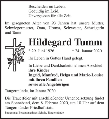 Traueranzeige von Hildegard Tumm  von Magdeburger Volksstimme
