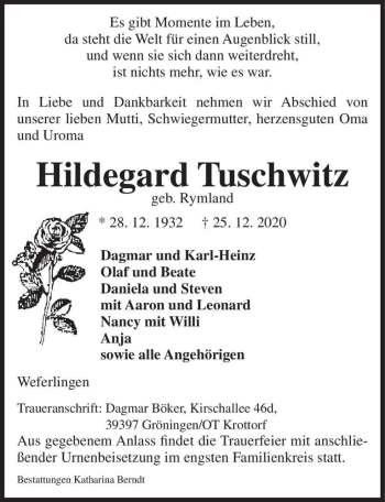 Traueranzeige von Hildegard Tuschwitz (geb. Rymland)  von Magdeburger Volksstimme