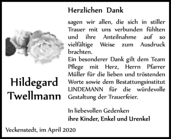 Traueranzeige von Hildegard Twellmann  von Magdeburger Volksstimme
