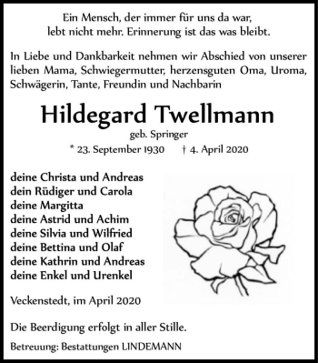 Traueranzeige von Hildegard Twellmann (geb. Springer)  von Magdeburger Volksstimme