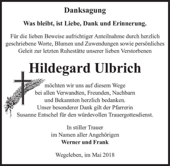 Traueranzeige von Hildegard Ulbrich  von Magdeburger Volksstimme