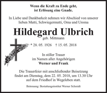 Traueranzeige von Hildegard Ulbrich (geb. Mittmann)  von Magdeburger Volksstimme