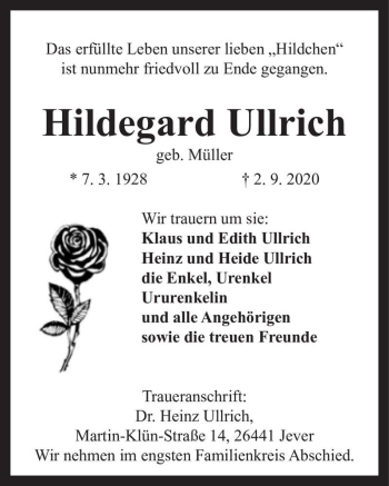 Traueranzeige von Hildegard Ullrich (geb. Müller)  von Magdeburger Volksstimme